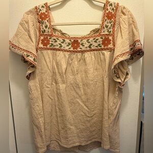 Madewell Cream Shortsleeved Blouse with Orange and Green Embroidery